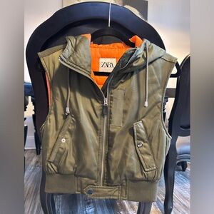 Zara cropped nylon vest, olive and orange interior, XS, NWOT